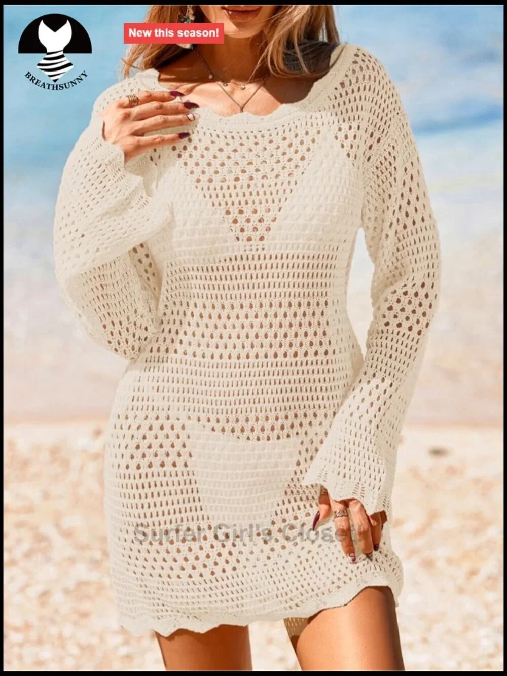 Womens Crochet Swimsuit Beach Cover Up Long Sleeve Mesh Knit Mini Dress